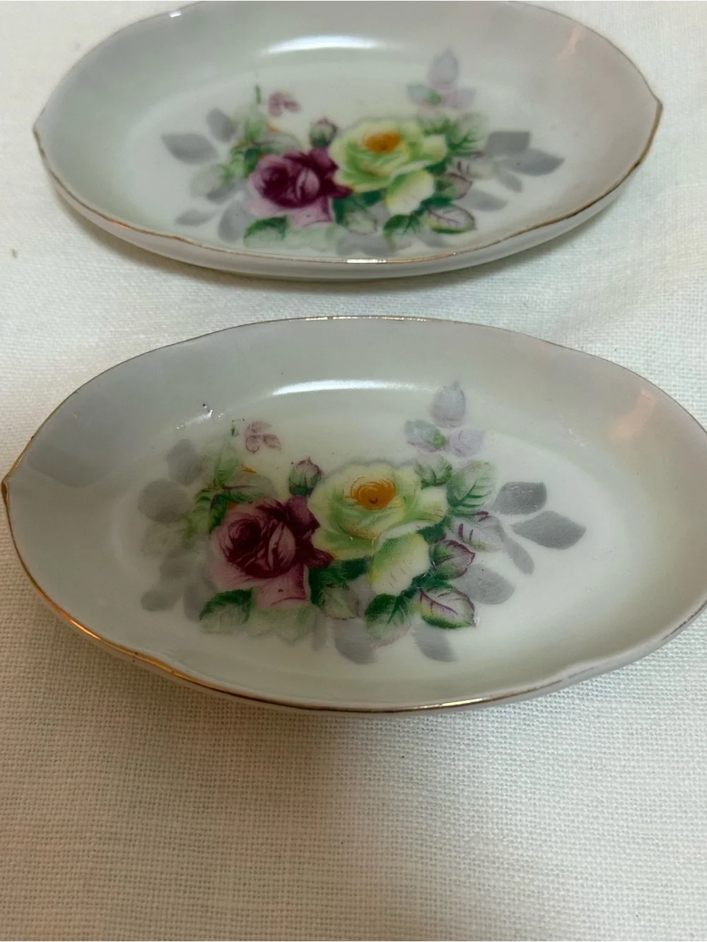 Vintage Butter Pats/ Trinket Dish Floral w/ Gold Trim 4” Set Of 2